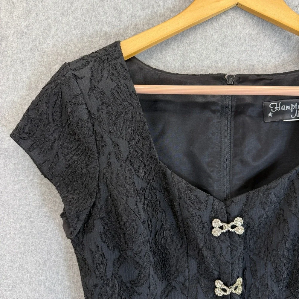 Hampton Nites Vintage 90s Black Lace Silver Brocade Rhinestone Cap Sleeve Blouse - Picture 3 of 14